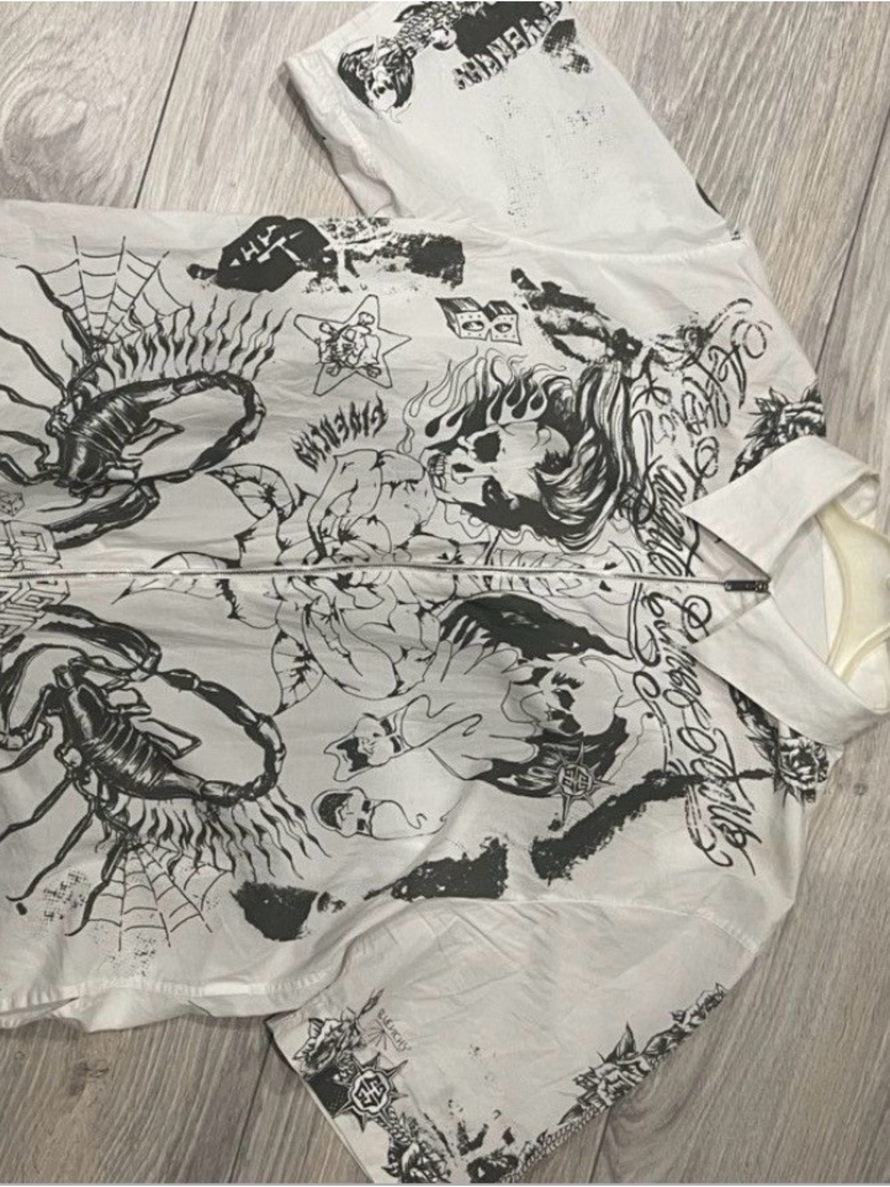 Givenchy White Button-Down Shirt with Black Graphic Tattoo Prints
